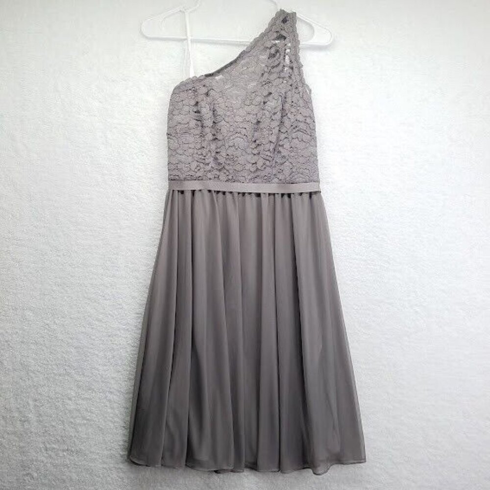 Davids Bridal Gray One Shoulder Lace F15711 Bridesmaid‎ Dress Sz 2 Zipper Back
